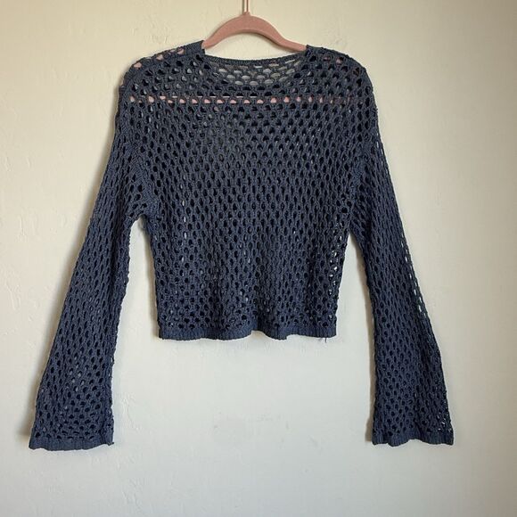 Womens Blue Open Knit Beachy Boho Bell Sleeve Sweater Size L Festival Beach - Picture 7 of 13